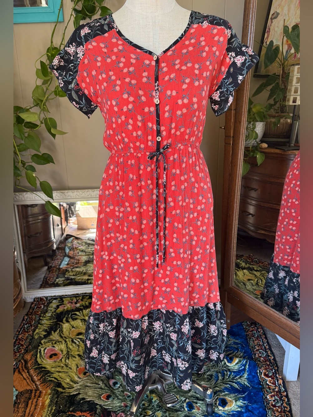 Flamingo Red Floral Boho Mix-Print Button-Front Midi Dress, medium